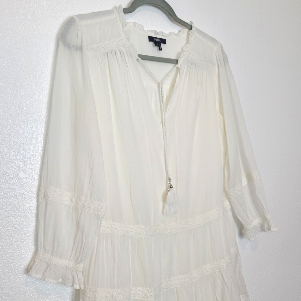 PAIGE Jaslene Long Sleeve Tassels Tiered Mini Dress In White Size Small - Picture 9 of 14